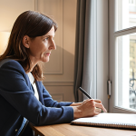 A compassionate female health coach, around 30s-40s, with a warm, professional demeanor and a subtly chic French style, is intently listening to her male client, around 40s-50s, who resembles a thoughtful businessman. They are seated comfortably in a bright, modern, yet warm coaching office or a stylish living room, possibly with subtle French architectural elements like a Haussmannian window. The coach leans slightly forward, holding a pen and an open notebook, an empathetic expression on her face. The client looks at her with a newfound sense of clarity and perhaps relief. The focus is on their genuine connection and mutual respect, with soft, natural light illuminating the scene. The atmosphere is trusting and conducive to deep, meaningful dialogue about personalized wellness.