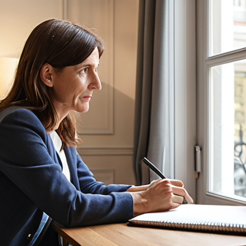 A compassionate female health coach, around 30s-40s, with a warm, professional demeanor and a subtly chic French style, is intently listening to her male client, around 40s-50s, who resembles a thoughtful businessman. They are seated comfortably in a bright, modern, yet warm coaching office or a stylish living room, possibly with subtle French architectural elements like a Haussmannian window. The coach leans slightly forward, holding a pen and an open notebook, an empathetic expression on her face. The client looks at her with a newfound sense of clarity and perhaps relief. The focus is on their genuine connection and mutual respect, with soft, natural light illuminating the scene. The atmosphere is trusting and conducive to deep, meaningful dialogue about personalized wellness.