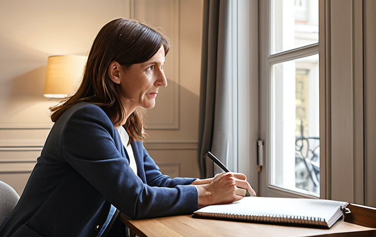A compassionate female health coach, around 30s-40s, with a warm, professional demeanor and a subtly chic French style, is intently listening to her male client, around 40s-50s, who resembles a thoughtful businessman. They are seated comfortably in a bright, modern, yet warm coaching office or a stylish living room, possibly with subtle French architectural elements like a Haussmannian window. The coach leans slightly forward, holding a pen and an open notebook, an empathetic expression on her face. The client looks at her with a newfound sense of clarity and perhaps relief. The focus is on their genuine connection and mutual respect, with soft, natural light illuminating the scene. The atmosphere is trusting and conducive to deep, meaningful dialogue about personalized wellness.