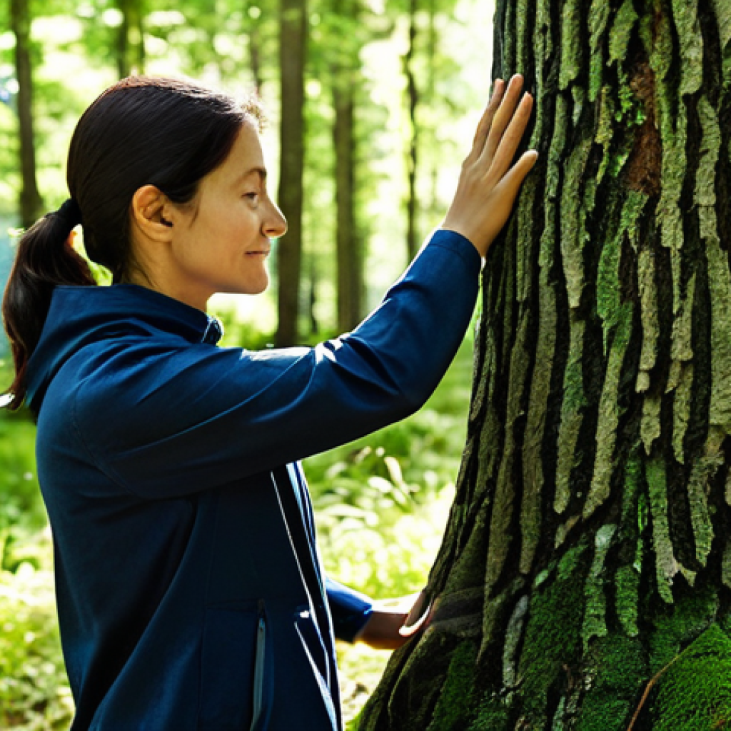 Forest Therapy**

A woman fully clothed in comfortable, modest outdoor attire, practicing Shinrin-Yoku in a sun-dappled forest in France. She is mindfully touching the bark of a tree, surrounded by lush greenery. The image should evoke a sense of calm and connection with nature. Safe for work, appropriate content, fully clothed, professional photography, perfect anatomy, natural proportions, family-friendly.

**