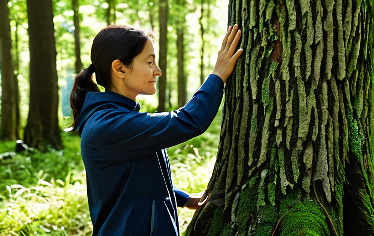 Forest Therapy**

A woman fully clothed in comfortable, modest outdoor attire, practicing Shinrin-Yoku in a sun-dappled forest in France. She is mindfully touching the bark of a tree, surrounded by lush greenery. The image should evoke a sense of calm and connection with nature. Safe for work, appropriate content, fully clothed, professional photography, perfect anatomy, natural proportions, family-friendly.

**