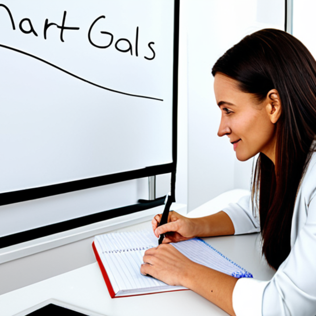 Goal Setting**

A health coach assisting a client in a bright, modern office. The client is writing in a notebook, with a whiteboard showing "SMART Goals" in the background. Both are fully clothed in professional attire, appropriate content, safe for work, perfect anatomy, correct proportions, natural pose, professional.

**
