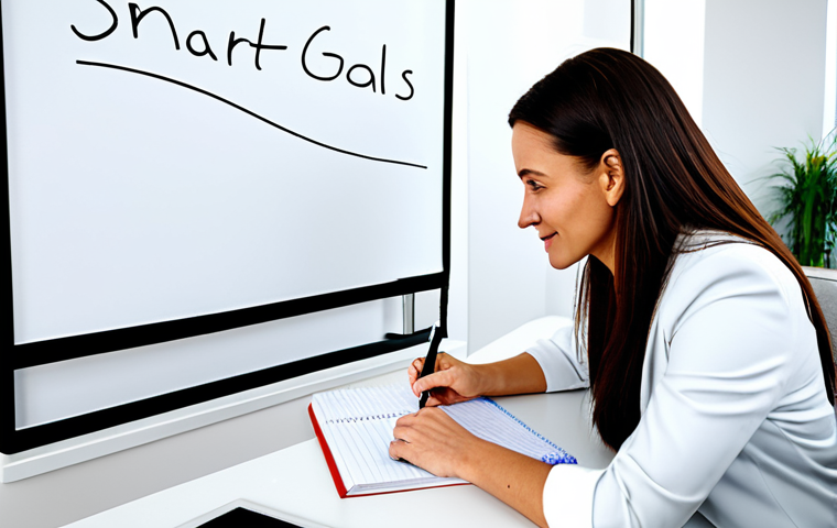 Goal Setting**

A health coach assisting a client in a bright, modern office. The client is writing in a notebook, with a whiteboard showing "SMART Goals" in the background. Both are fully clothed in professional attire, appropriate content, safe for work, perfect anatomy, correct proportions, natural pose, professional.

**