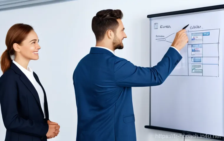 건강코칭 고객 불만 처리 기술 - **Prompt:** A diverse male coach and a female client in a brightly lit, modern coaching office. The ...