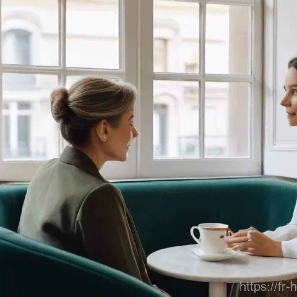 건강코칭 전문가의 리더십 - The coach is leaning slightly forward, making direct, compassionate eye contact, her hands resting c...