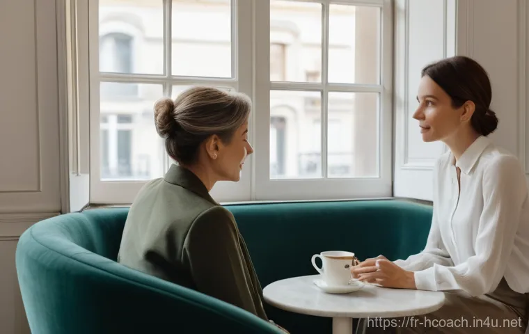 건강코칭 전문가의 리더십 - The coach is leaning slightly forward, making direct, compassionate eye contact, her hands resting c...