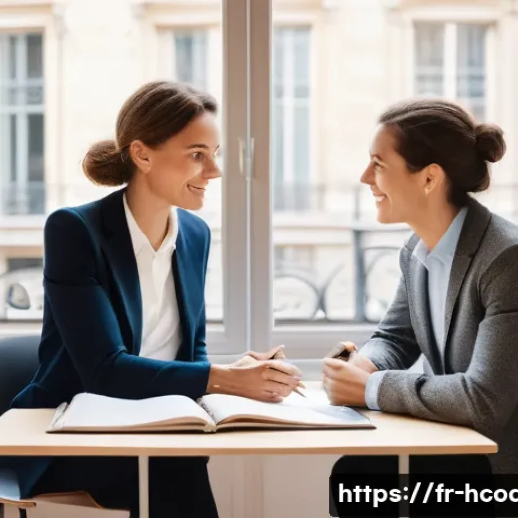 건강코칭과 직업 윤리의 중요성 - A professional health coach and a client sitting in a bright, modern French coaching office, engaged...