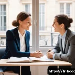 건강코칭과 직업 윤리의 중요성 - A professional health coach and a client sitting in a bright, modern French coaching office, engaged...