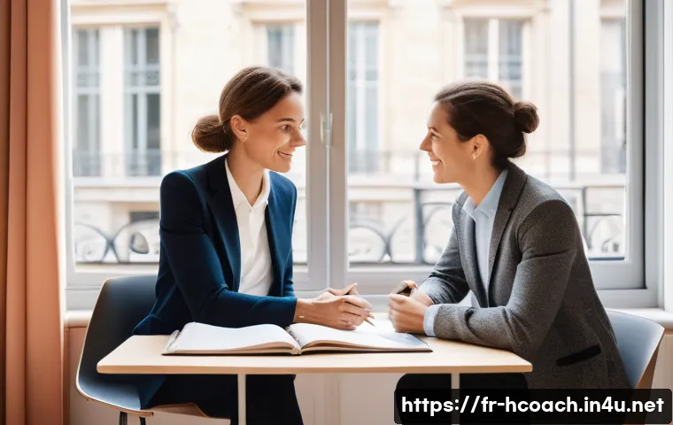 건강코칭과 직업 윤리의 중요성 - A professional health coach and a client sitting in a bright, modern French coaching office, engaged...