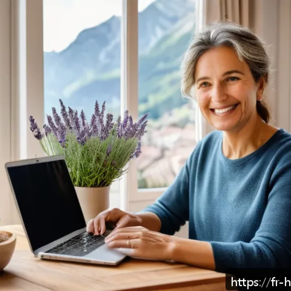 건강코칭 블로그 운영 전략 - A warm and inviting home office setting with a French health coach sitting at a wooden desk, smiling...