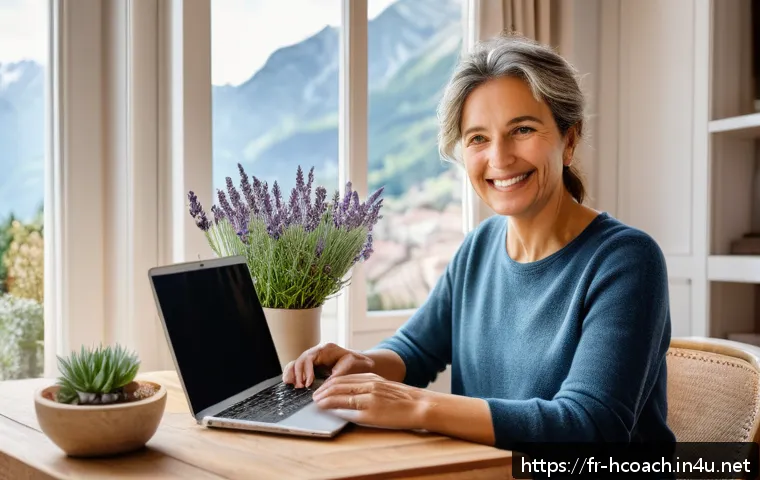 건강코칭 블로그 운영 전략 - A warm and inviting home office setting with a French health coach sitting at a wooden desk, smiling...