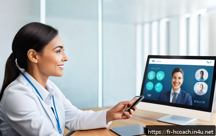 건강코칭 업계 동향 리포트 - A modern health coach interacting with a diverse group of clients via a high-tech video consultation...