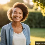 Home 20 건강코칭 소셜 미디어 활용법 - A professional health coach smiling warmly in a natural outdoor setting during golden hour, soft sun...