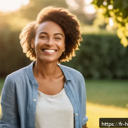 Home 32 건강코칭 소셜 미디어 활용법 - A professional health coach smiling warmly in a natural outdoor setting during golden hour, soft sun...