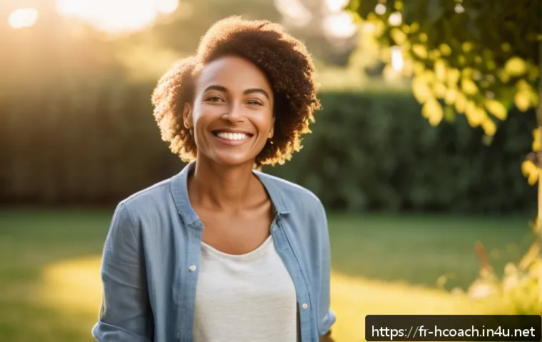 건강코칭 소셜 미디어 활용법 - A professional health coach smiling warmly in a natural outdoor setting during golden hour, soft sun...